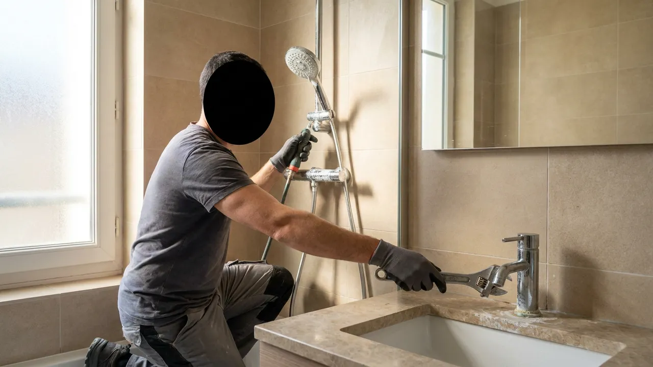 Détartrage d'un pommeau de douche entartré dans une salle de bain de L'Haÿ-les-Roses