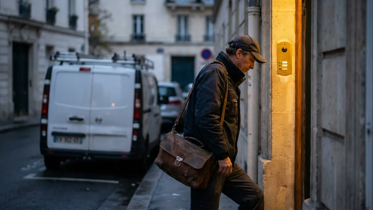 Plombier de garde arrivant de nuit avec sa caisse à outils devant un pavillon de L'Haÿ-les-Roses
